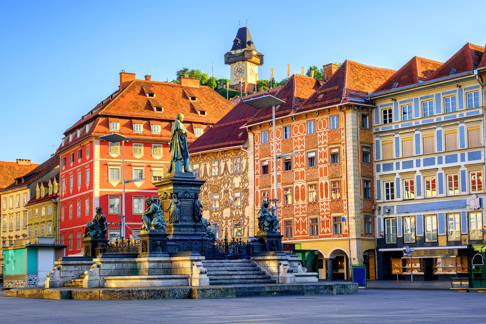 Painted facades and the Clock Tower in the old town of Graz, Austria are on UNESCO World Cultural Heritage list